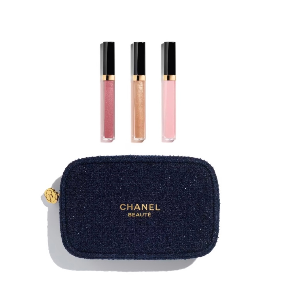 NIB 2025 Chanel Winter Navy and Gold Cosmetic Pouch with 3 Lip Glosses